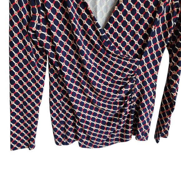 Talbots Shirt Women's Large Petites LP Blue V Neck Faux Wrap Top Blouse - Picture 3 of 8